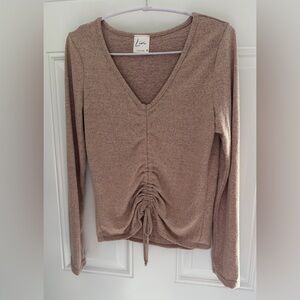 Livi by Olivia Rae Ruched V-Neck Long Sleeve Top in Pink
